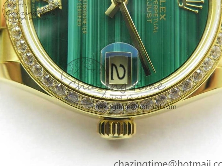 MiroTime 0305 Versatile Daydate 278288 31mm YG EWF Best Edition Green Malachite Dial Crystal Markers on YG President Bracelet ETA 2606